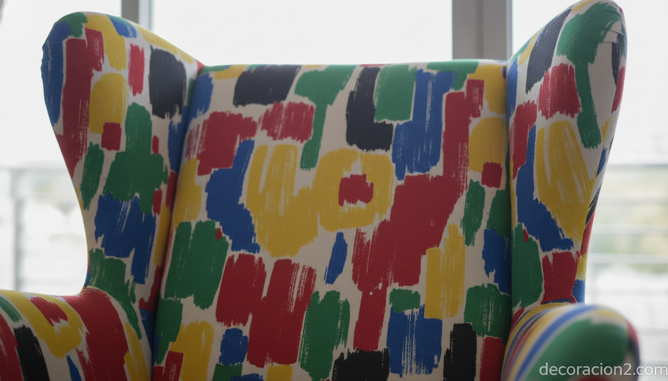 Detalle de tapizado colorido de un sillón de diseño estilo muebles amorosos