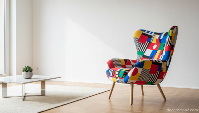 Salón con sillón de diseño colorido inspirado en los muebles amorosos de Mariscal