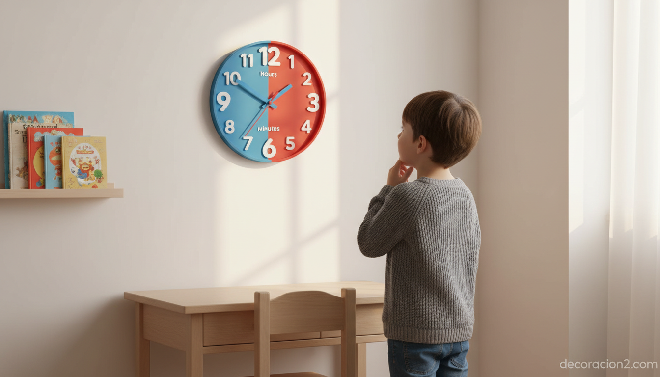 Niño aprendiendo a leer las horas en un reloj analógico de pared en una zona de estudio infantil nórdica