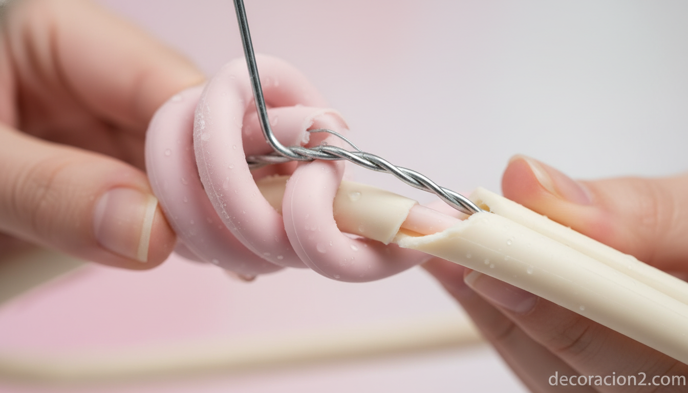 Detalle de percha flexible moldeable con núcleo metálico recubierto de silicona