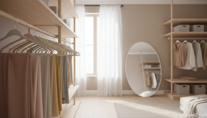 Vestidor moderno con perchas flexibles de colores ordenando la ropa