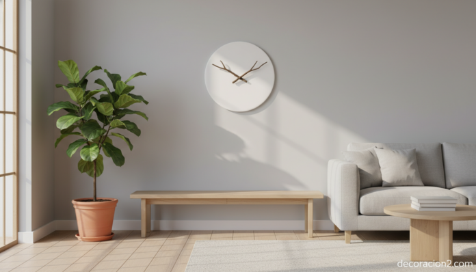Reloj de pared personalizable con manecillas de ramas naturales en salón nórdico