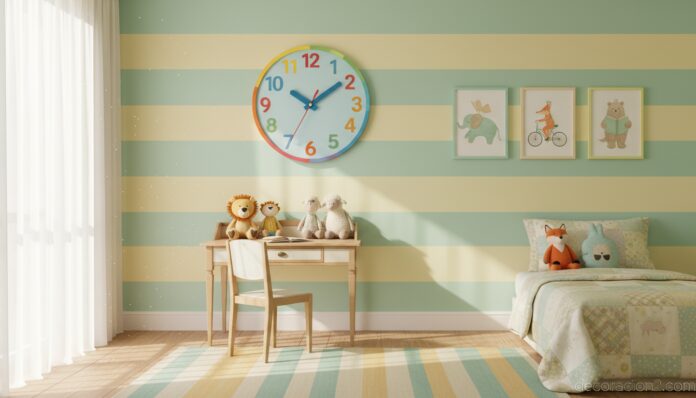 Reloj infantil colorido en una habitación infantil con paredes pastel y mesa de estudio