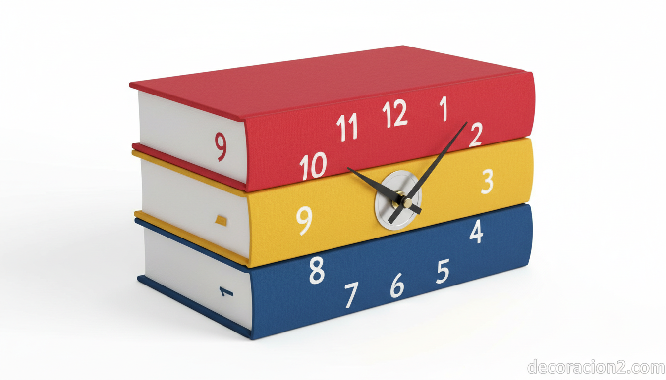Reloj infantil con forma de libros apilados de colores rojo amarillo y azul tipo Book Clock