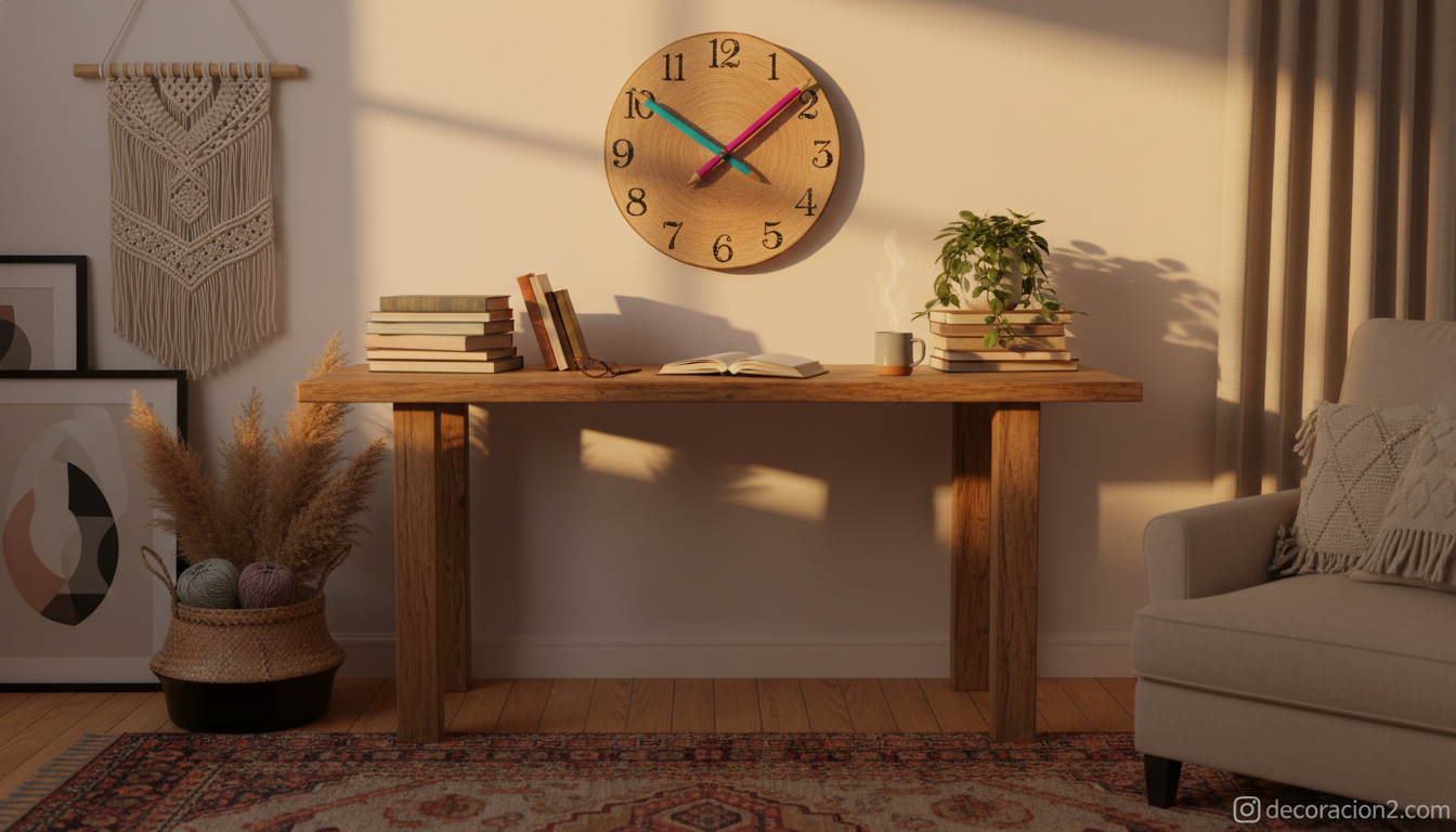 Reloj personalizable con lápices de colores en despacho creativo de estilo ecléctico