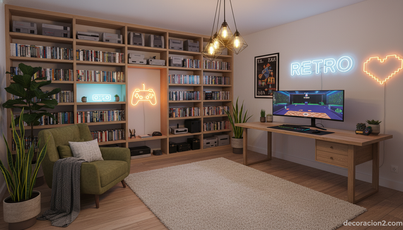 Sala de juegos retro con consolas vintage y decoración cálida