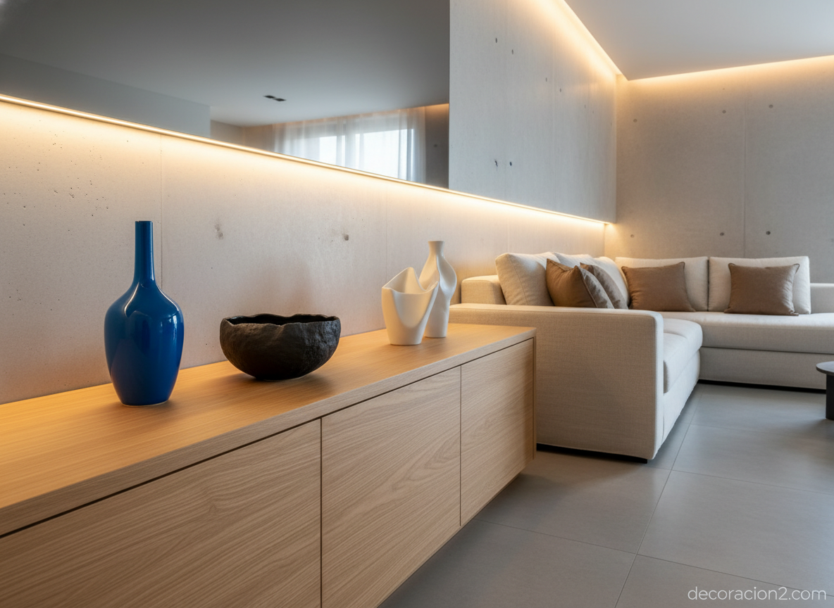 Salón moderno con colección de cerámica contemporánea sobre aparador de roble