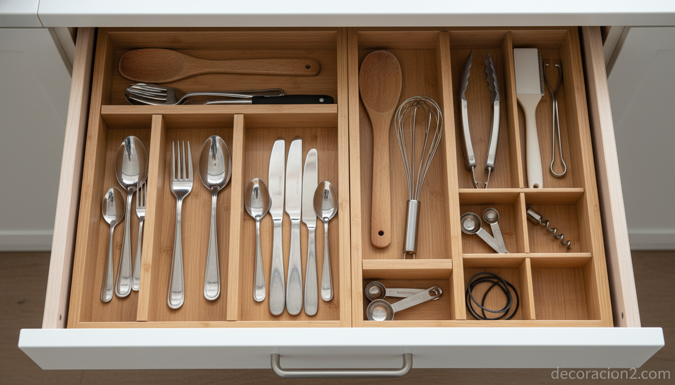 Cajón de cocina organizado con separadores de madera y orden interior