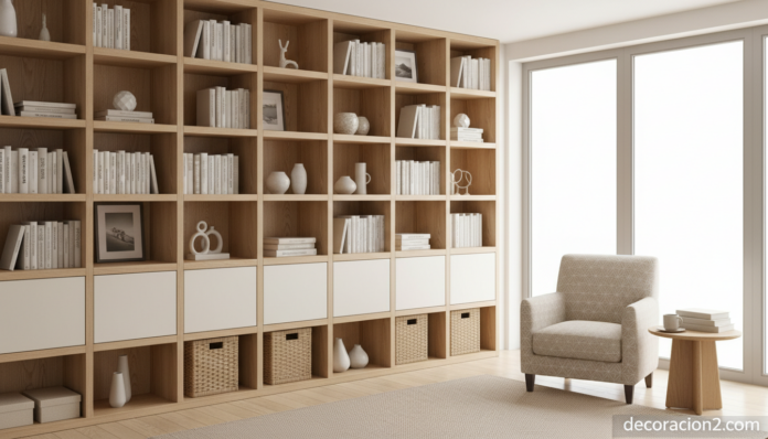 Salón moderno con soluciones de almacenamiento integradas y estanterías ordenadas