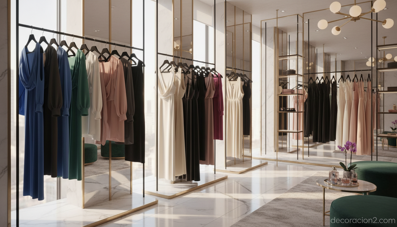 Vestidor abierto estilo boutique con perchas aterciopeladas finas y ropa elegante