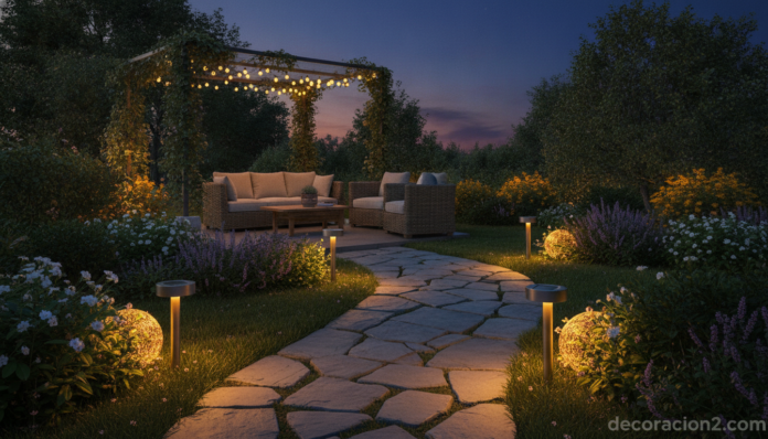 Jardín iluminado al anochecer con luces solares ecológicas a lo largo de un camino de piedra