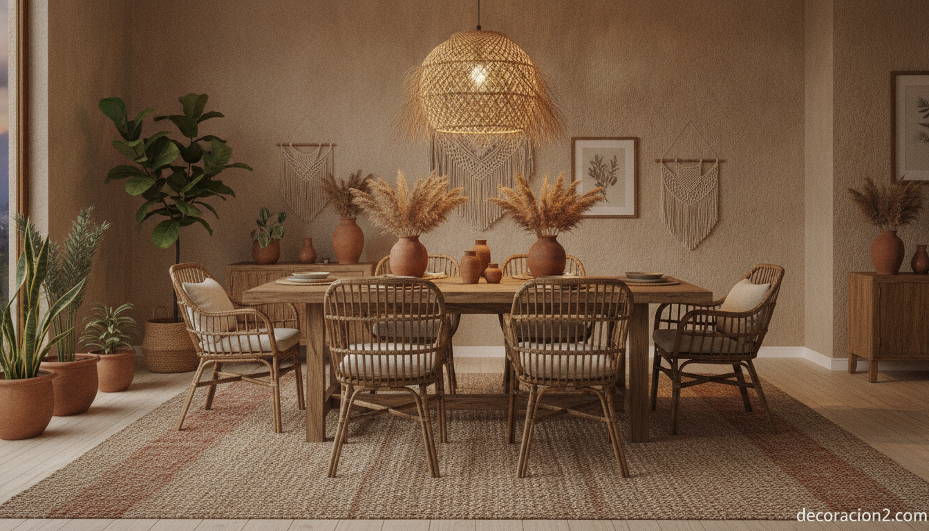 Lámpara ecológica de fibras naturales sobre una mesa de comedor