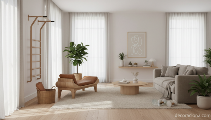 Salón moderno con muebles para hacer deporte integrados en la decoración