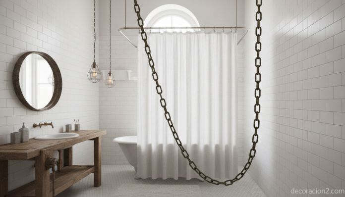 Cortina de ducha prolongada con cadenas metálicas en un baño de techos altos