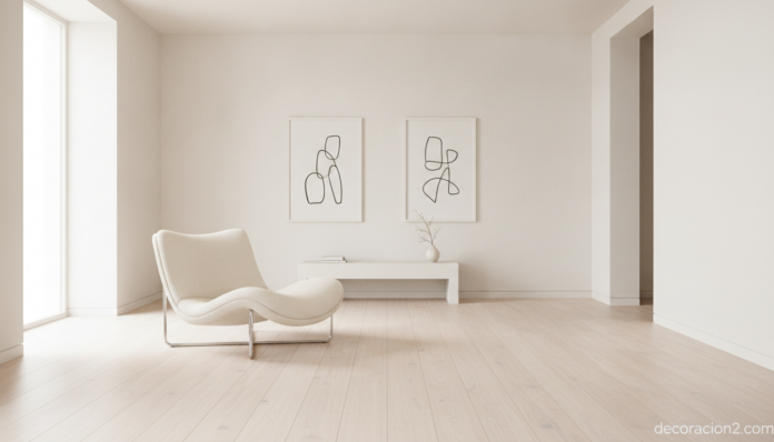A bright contemporary living room interior with neutral walls, a single sculptural designer chair as the focal point stand... Sala moderna con silla de diseño original como pieza central