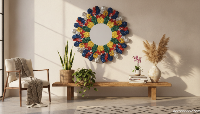 Espejo decorativo con marco de latas de refresco recicladas en una pared de salón