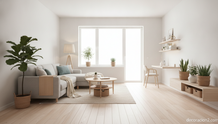 A bright, cozy interior of a small modern home, open-plan living room with light wood floors, white walls, compact multifu... Salón luminoso de una casa pequeña bien aprovechada
