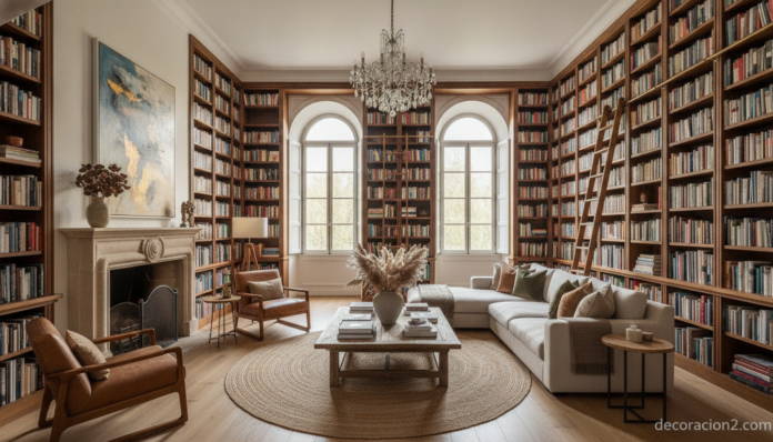 A bright, elegant living room with very high ceilings featuring a floor-to-ceiling bookshelf covering an entire wall, full... Librería en techos altos en un salón luminoso con estanterías hasta el techo