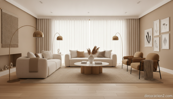 Salón moderno con decoración integral del hogar en tonos neutros y cálidos