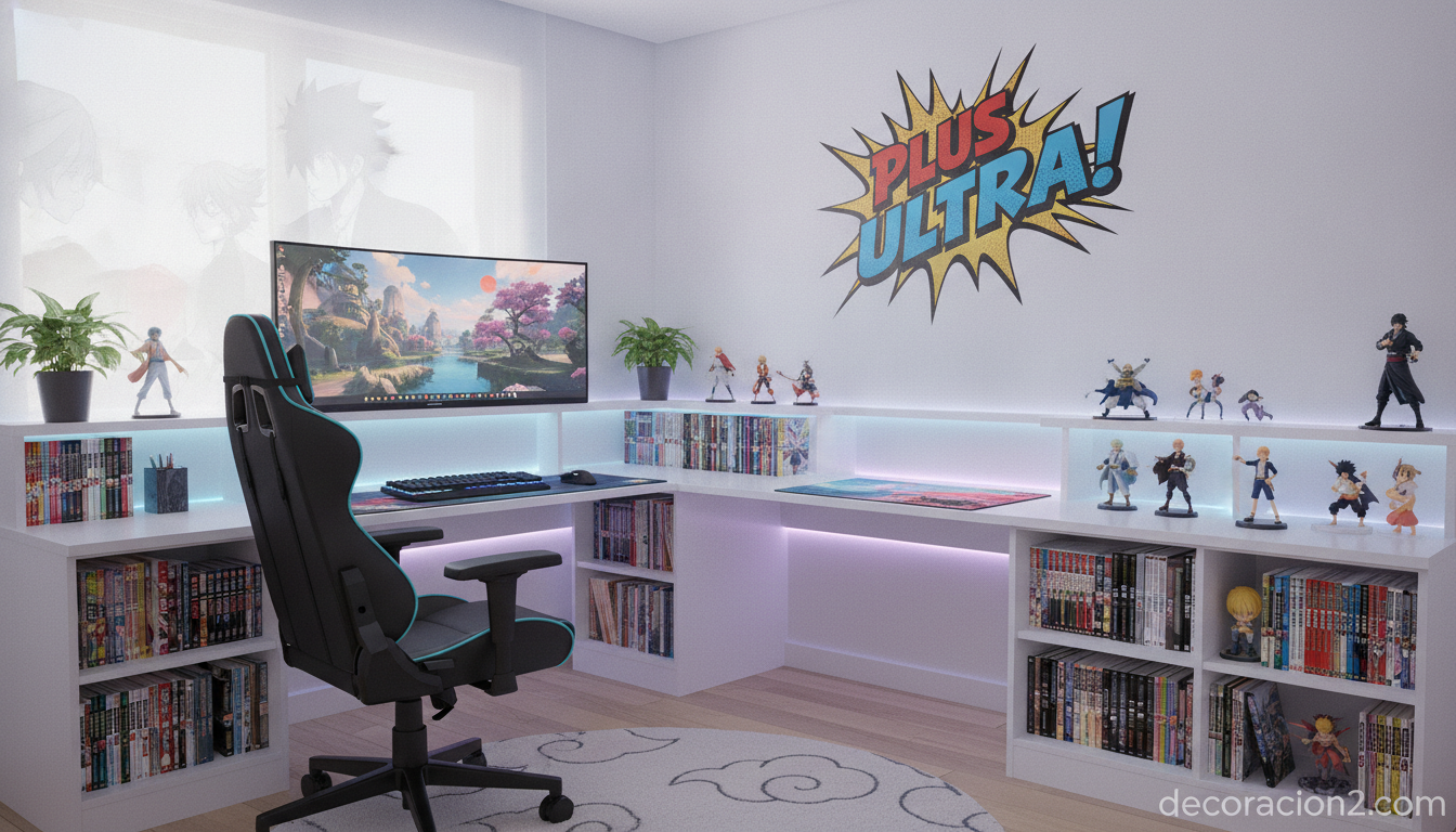 Rincón de estudio decorado con vinilo manga de frase y estanterías con figuras