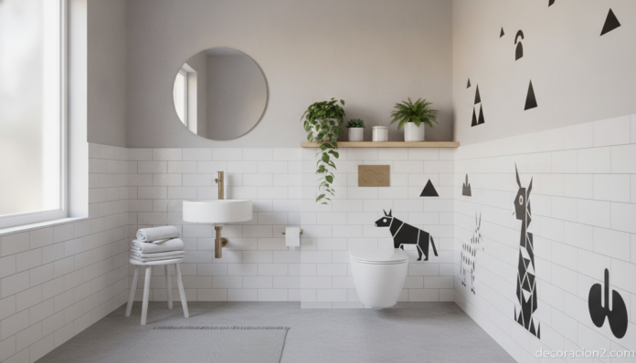 Baño moderno decorado con vinilos para el baño en tonos claros