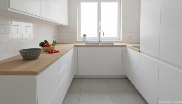 A bright modern compact kitchen, clean and organized, white cabinets and light wood countertop, a foldable silicone coland... Cocina moderna y ordenada con utensilios que ahorran espacio