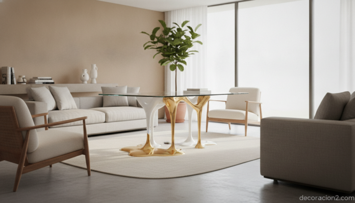 Mesa de diseño original como pieza central de un salón moderno y luminoso