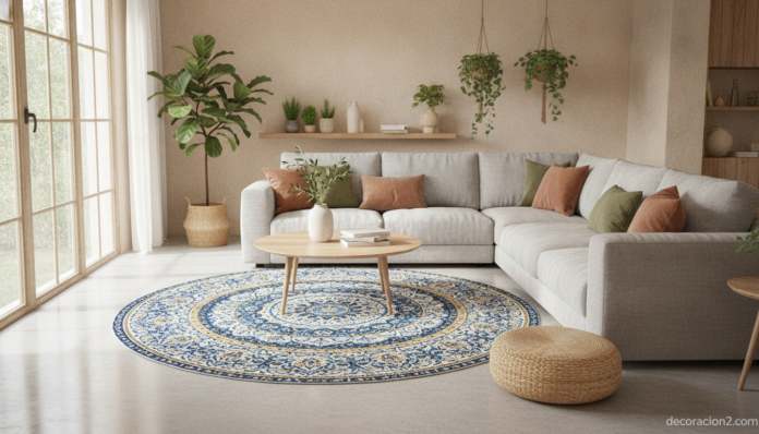 Salón moderno decorado con una alfombra de vinilo de estampado turco
