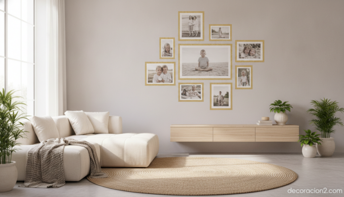 Pared decorada con marcos adhesivos dorados Do Frame en un salón moderno