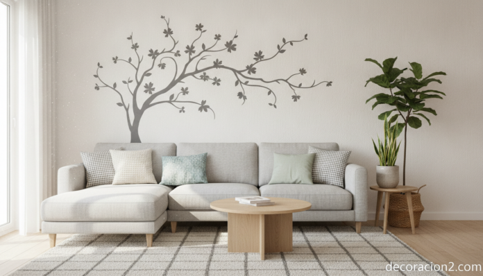 Salón moderno decorado con un vinilo decorativo floral en la pared
