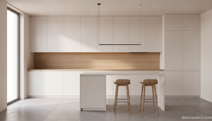 A bright, modern minimalist kitchen photographed in a wide architectural shot. A sleek under-counter refrigerator is seaml... Cocina moderna con frigorífico bajo encimera integrado y luminoso