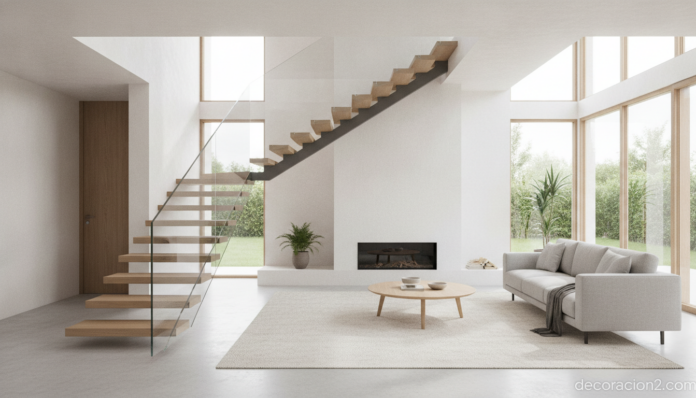 Escalera contemporánea de diseño en un salón luminoso y moderno