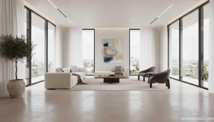 Salón moderno con suelo de microcemento continuo en gris cálido