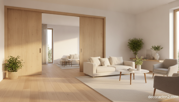 Puertas correderas de madera en un salón moderno para ahorrar espacio
