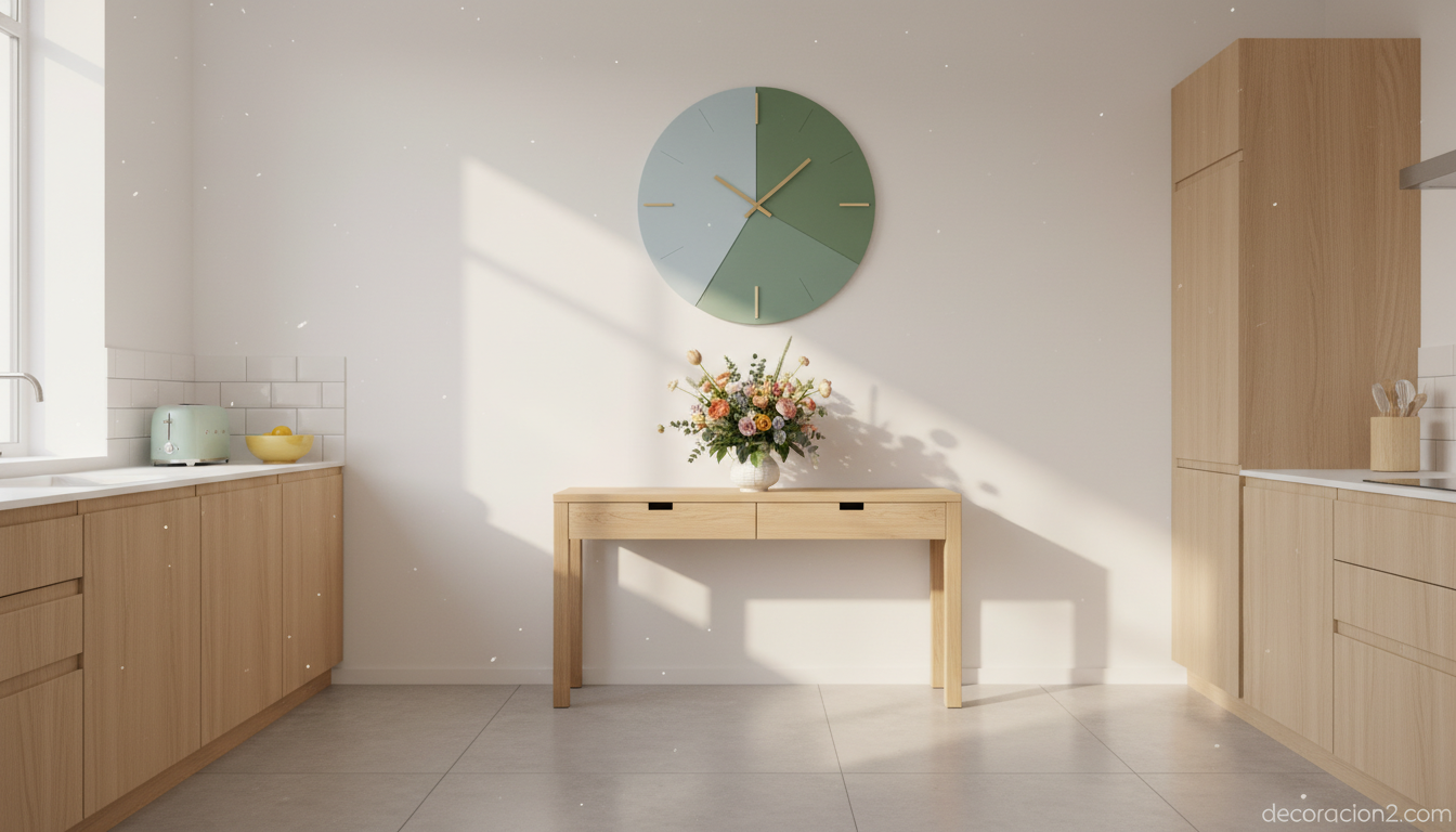 Cocina nórdica con reloj de pared en tonos pastel sobre consola de madera