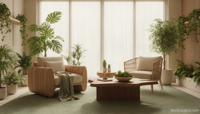 Salón luminoso con muebles inspirados en la naturaleza y madera natural