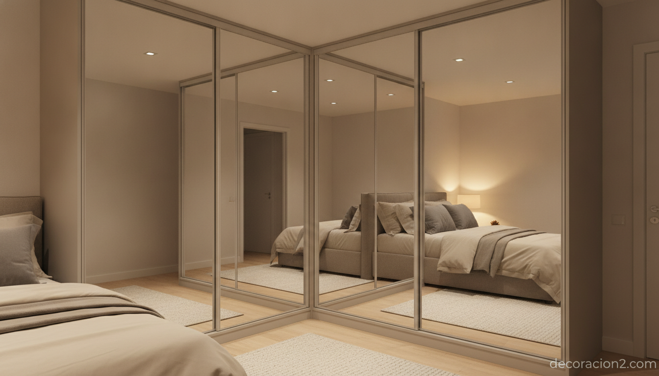 Vestidor con puertas correderas de espejo en un dormitorio pequeño