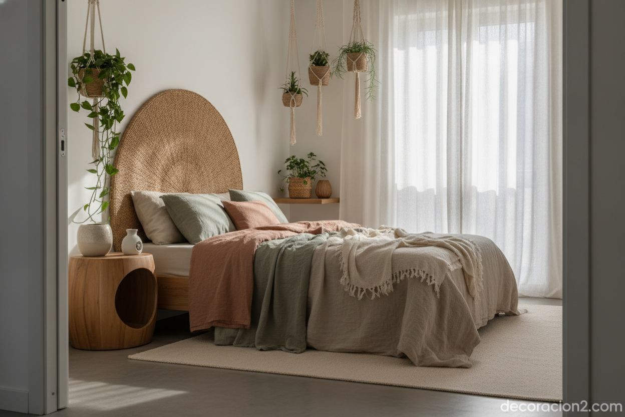 Dormitorio nórdico con cabecero de fibras naturales y diseño biofílico