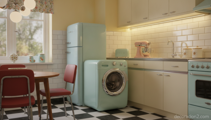 Lavadora estilo retro en tono pastel integrada en una cocina vintage de los años 50