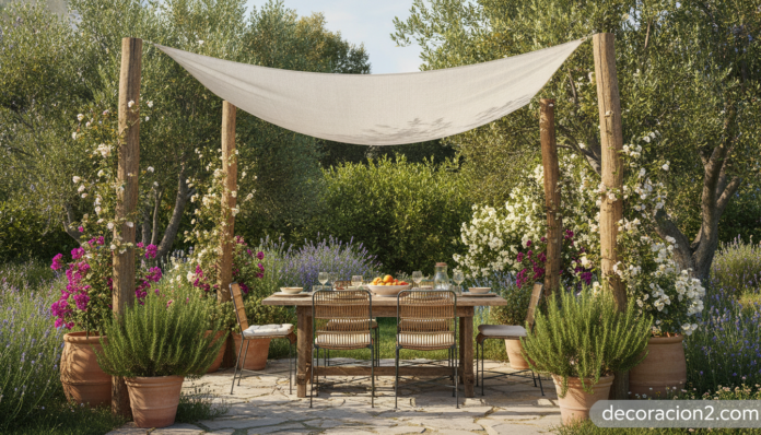 Pérgola improvisada con tela blanca dando sombra en un jardín de verano