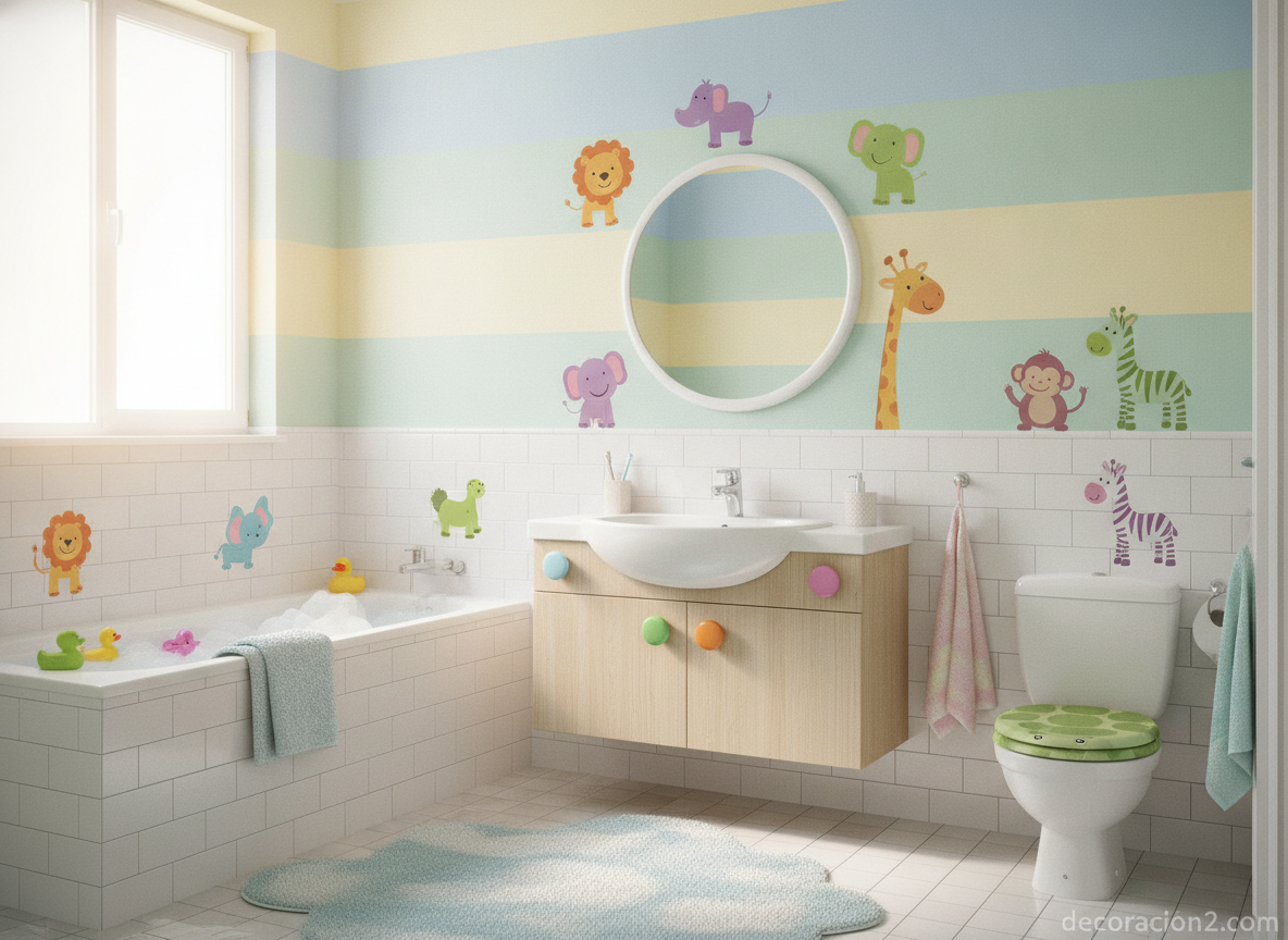 Baño infantil con vinilos decorativos de colores en la pared y el espejo
