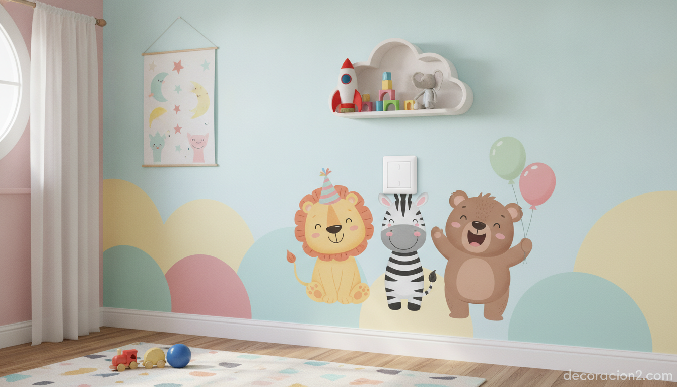 Interruptor decorado con vinilo infantil en una habitación de niños
