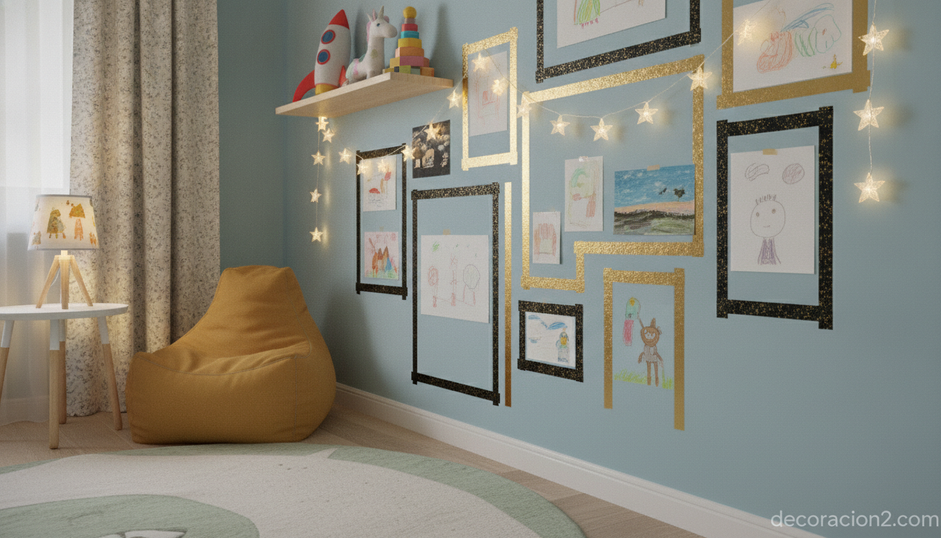 Habitación infantil con dibujos enmarcados con marcos adhesivos sobre pared azul