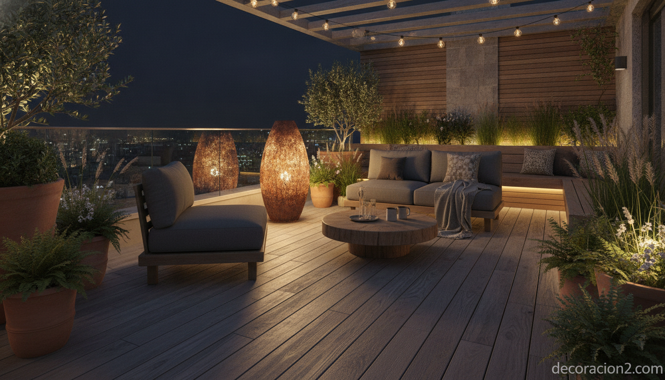 Terraza de noche iluminada con una lámpara de exterior de diseño en acabado óxido