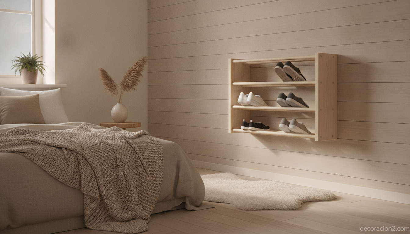 Dormitorio con zapatero de pared de madera de estilo nórdico