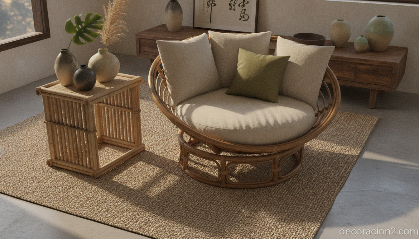 Salón de estilo oriental decorado con fibras naturales y cerámica artesanal