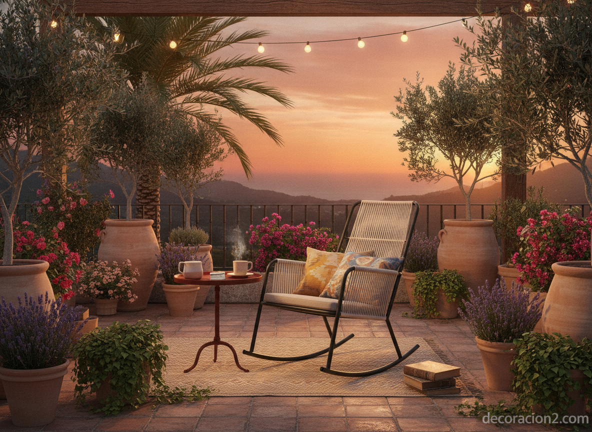 Mecedora moderna de exterior en una terraza con plantas