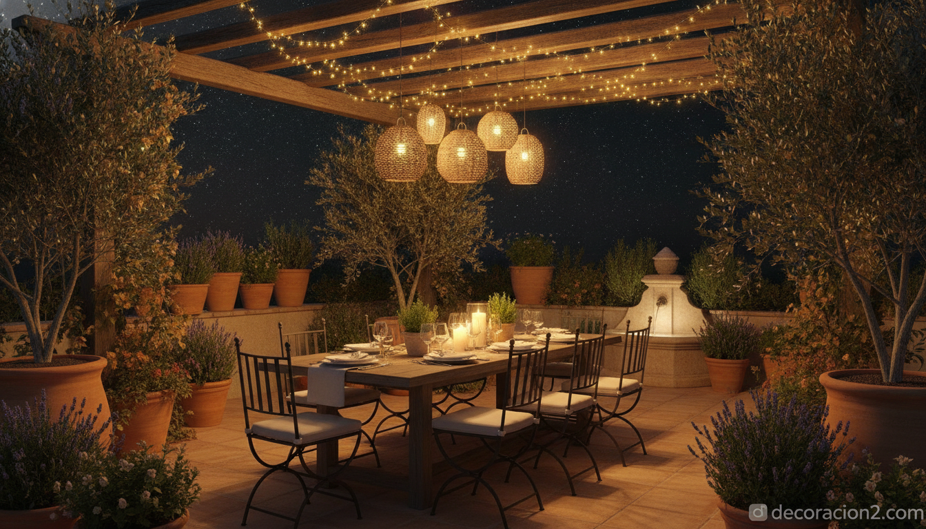 Iluminación solar para el jardín: ilumina tu exterior de forma ecológica 2 Terraza con guirnaldas solares y farolillos colgados de una pérgola de madera por la noche