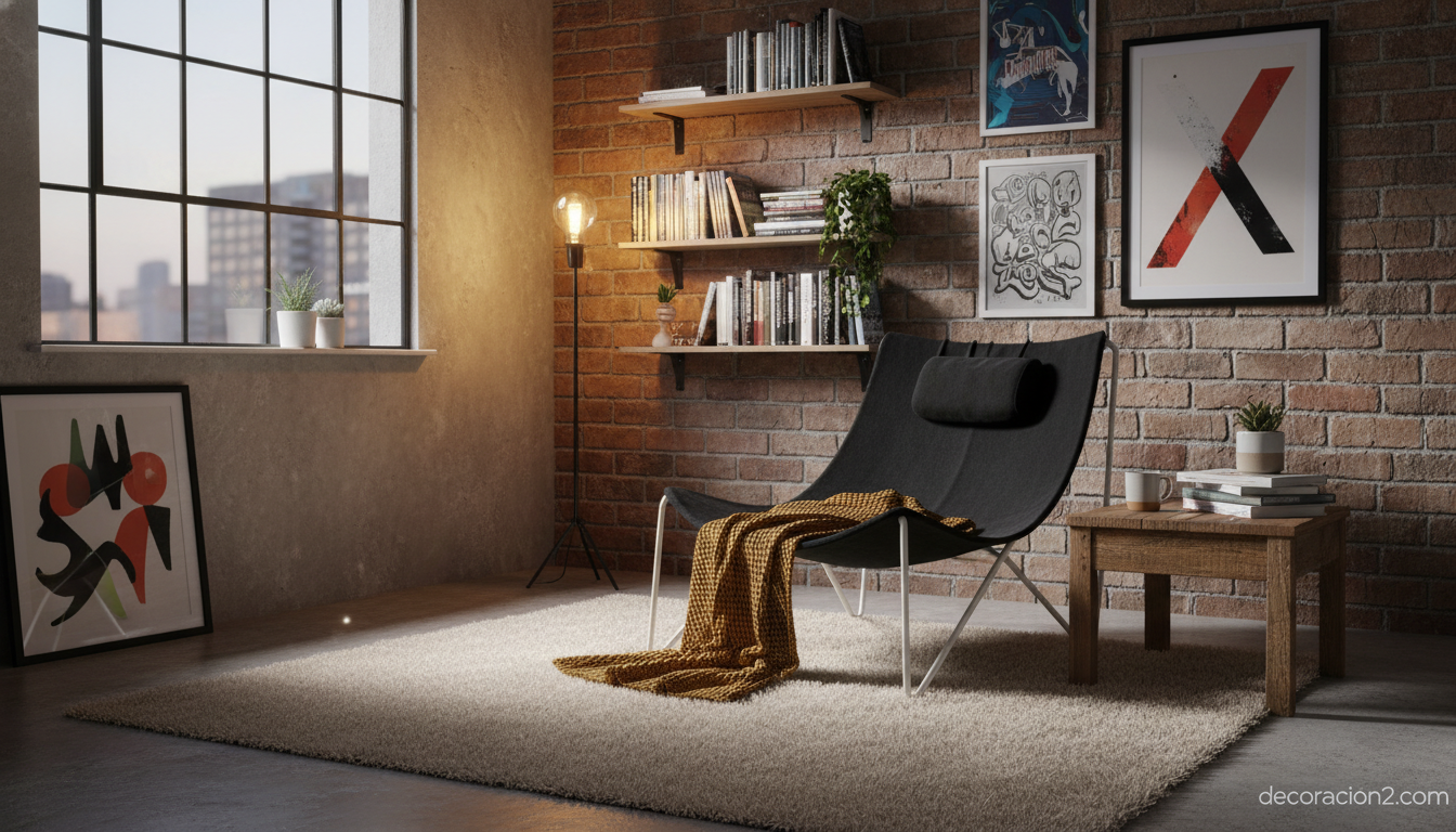 Silla OZ negra en un rincón de lectura con estilo industrial