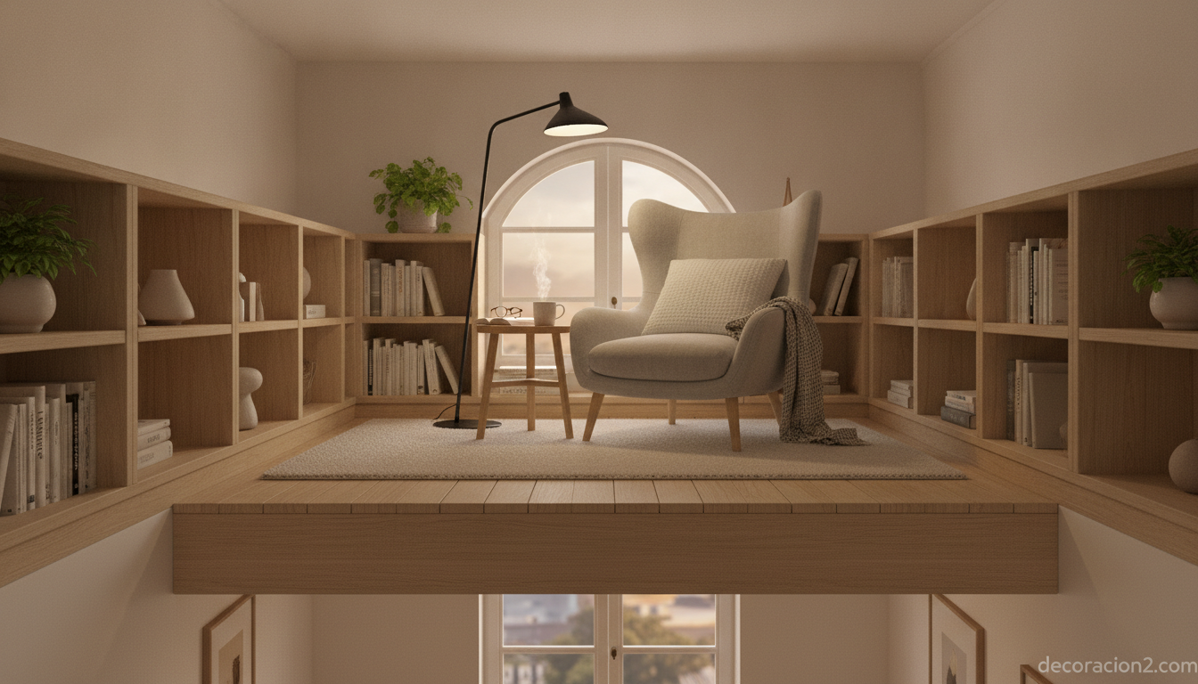 Librería en techos altos: cómo aprovechar la altura para ganar espacio 2 Rincón de lectura en altillo elevado con sillón y lámpara junto a estanterías
